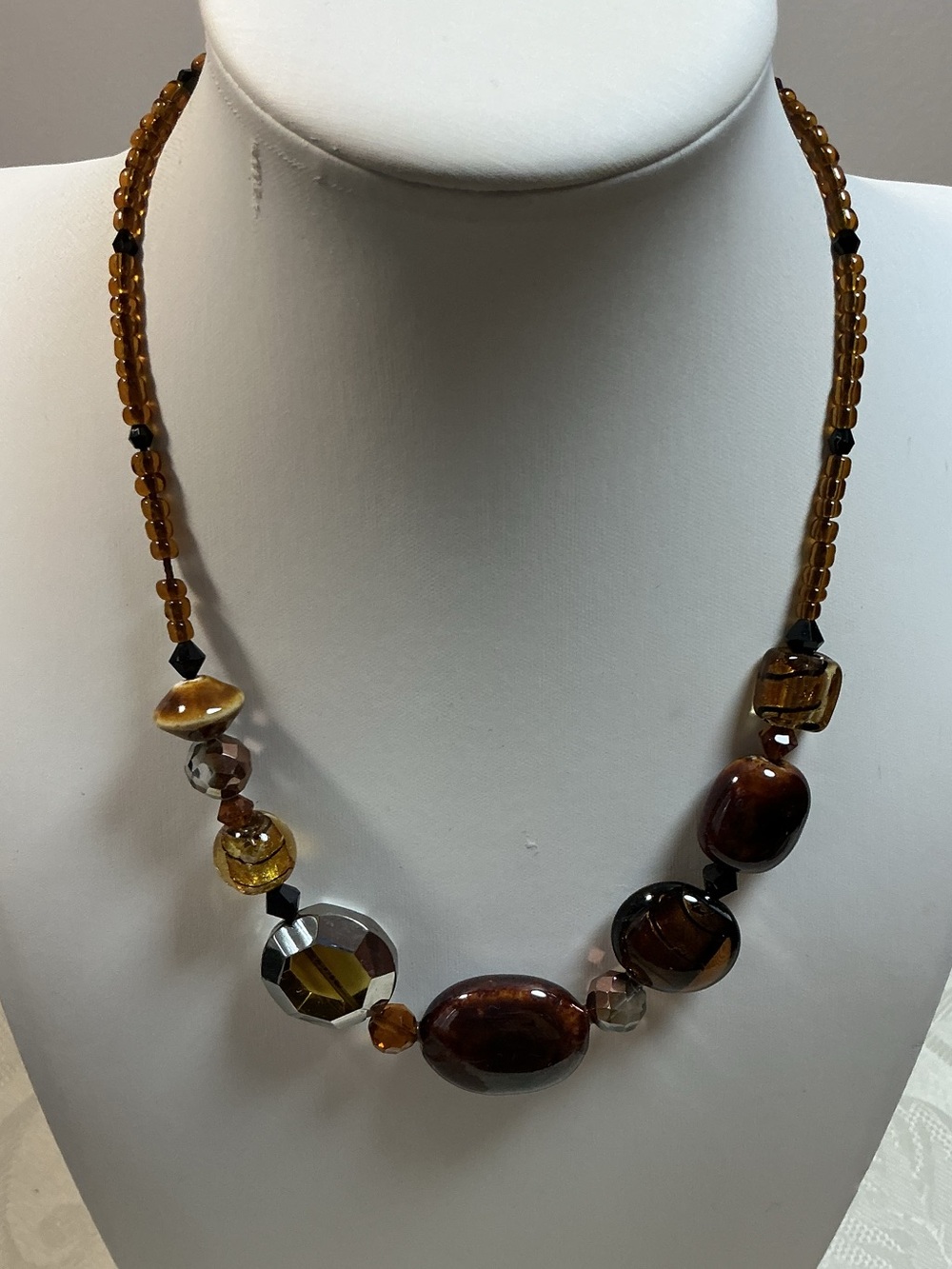 Premier Design Earth Tone Art Glass & Foil Antique Gold Tone Necklace